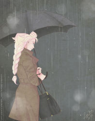 Rule 34 | 1girl, blonde hair, braid, coat, elsa (frozen), frozen (disney), laikaken, rain, single braid, solo, standing, umbrella