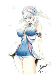 Rule 34 | 10s, 1girl, 2014, alternate breast size, ass, blue eyes, blush, breasts, censored, censored nipples, convenient censoring, covered erect nipples, dated, dress, feathers, head wings, highres, hip focus, large areolae, large breasts, melia antiqua, miniskirt, nintendo, oborock, panties, puffy nipples, short dress, short hair, signature, silver hair, simple background, skirt, solo, standing, thighs, tight clothes, underwear, white background, wings, xenoblade chronicles (series)