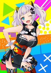 Rule 34 | 1girl, ;d, bad id, bad pixiv id, blue eyes, blush, breasts, cleavage, cleavage cutout, clothing cutout, contrapposto, cowboy shot, dress, fang, hair ornament, hairclip, hand on own hip, head tilt, highres, kaguya luna, long hair, looking at viewer, medium breasts, multicolored background, obi, one eye closed, open mouth, ribbon, ryun025, sash, silver hair, sleeveless, sleeveless dress, smile, solo, standing, the moon studio, thighhighs, triangle, twintails, virtual youtuber, wrist ribbon