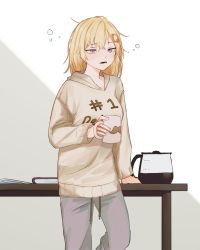 Rule 34 | 1girl, alternate costume, beige hoodie, blonde hair, blue eyes, bubble, clothes writing, coffee maker, commentary, commission, cup, english commentary, grey pants, hair ornament, highres, holding, holding cup, hololive, hololive english, looking ahead, medium hair, mug, open mouth, pants, sleepy, solo, sweatpants, virtual youtuber, watson amelia, zephyroh