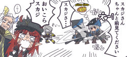 Rule 34 | 1boy, 1other, 2girls, arknights, black cape, black headwear, black shirt, boots, brown footwear, cabbie hat, cape, check translation, chibi, food, hat, hellagur (arknights), highres, holding, holding sword, holding weapon, hood, hooded jacket, horns, horns through headwear, jacket, long hair, long sleeves, louis (louis roosevelt), mask, motion lines, multiple girls, open mouth, parted bangs, pizza, pointy ears, red hair, reunion soldier (arknights), shirt, skadi (arknights), speech bubble, sword, thought bubble, translation request, very long hair, vigna (arknights), weapon, white hair, white jacket, white shirt