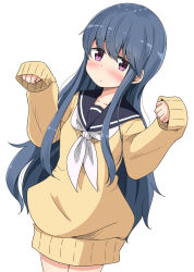 Rule 34 | 1girl, aikawa ryou, black hair, black sailor collar, blush, brown sweater, closed mouth, commentary request, hair between eyes, hands up, highres, long hair, long sleeves, looking at viewer, neckerchief, no pants, puffy long sleeves, puffy sleeves, purple eyes, sailor collar, school uniform, serafuku, shima rin, simple background, sleeves past wrists, solo, sweater, very long hair, white background, white neckerchief, yurucamp