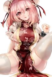 Rule 34 | 1girl, blush, breasts, bun cover, covered erect nipples, cuffs, double bun, female focus, floral print, hair bun, head tilt, highres, ibaraki kasen, large breasts, looking at viewer, naked tabard, nekometaru, open mouth, panties, paw pose, pink eyes, pink hair, puffy sleeves, red panties, revealing clothes, shackles, short sleeves, sideboob, sitting, solo, spread legs, tabard, thighhighs, touhou, underwear, white thighhighs