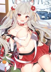 Rule 34 | 1girl, animal ears, arm support, azur lane, bandaged arm, bandages, breasts, cleavage, collar, collarbone, commentary request, covering privates, covering breasts, eyes visible through hair, flower, food, fruit, groin, hair between eyes, hair flower, hair ornament, head tilt, highres, japanese clothes, kagami mochi, large breasts, long hair, looking at viewer, mandarin orange, nail polish, navel, official alternate costume, pleated skirt, pond, red eyes, red skirt, sarashi, shinko gunsei, shouji, sidelocks, silver hair, sitting, skirt, sliding doors, snow, solo, spiked collar, spikes, stomach, stomach tattoo, tatami, tattoo, thick eyebrows, tree, wolf ears, yuudachi (azur lane), yuudachi (shogun of snowballs) (azur lane)
