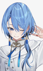 Rule 34 | 1girl, absurdres, blue eyes, blue hair, coat, commentary, earrings, highres, hololive, hoshimachi suisei, hoshimachi suisei (8th costume), jewelry, long hair, looking at viewer, nisi ki no, official alternate costume, one eye closed, red nails, simple background, smile, solo, star (symbol), star in eye, symbol in eye, upper body, virtual youtuber, white background, white coat