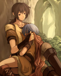 Rule 34 | 1boy, 1girl, against tree, ankle lace-up, bad id, bad pixiv id, bealphareth, beige pants, blue hair, boots, bridal gauntlets, brown eyes, brown footwear, brown hair, brown shirt, bush, closed eyes, closed mouth, cross-laced footwear, feet out of frame, forest, hair tubes, hand on another&#039;s shoulder, harusame (rueken), knee boots, legs together, looking at another, low ponytail, medium hair, nature, outdoors, pants, philia (bealphareth), ponytail, puska, reclining, red scarf, scarf, shirt, short hair, short sleeves, sidelocks, sleeping, sweatdrop, tree