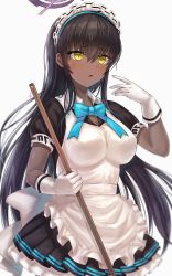 Rule 34 | 1girl, :o, ahoge, apron, black dress, black hair, blue archive, blue bow, blue bowtie, blue ribbon, blush, bow, bowtie, breasts, broom, cleavage, cowboy shot, dark-skinned female, dark skin, dress, frilled apron, frilled dress, frills, gloves, hair between eyes, halo, hand up, highres, holding, holding broom, karin (blue archive), large breasts, long hair, looking at viewer, maid, maid apron, maid headdress, open mouth, parted lips, pleated dress, puffy short sleeves, puffy sleeves, ribbon, sauvignon, short sleeves, sidelocks, simple background, solo, standing, sweat, sweatdrop, very long hair, white apron, white background, white gloves, white headwear, yellow eyes