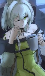 Rule 34 | 1girl, adomkrlng459, animal ears, arknights, bare shoulders, bright pupils, coffee, coffee mug, commentary, cowboy shot, cup, dress, drink, green dress, green eyes, grey hair, hair between eyes, hair intakes, halterneck, hand on own cheek, hand on own face, highres, holding, holding drink, kal&#039;tsit (arknights), long sleeves, looking at viewer, material growth, mug, o-ring, off shoulder, one eye closed, oripathy lesion (arknights), parted lips, short hair with long locks, sitting, sketch, solo, white pupils