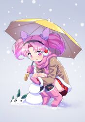 1girl bishoujo_senshi_sailor_moon black_socks boots brown_coat bun_cover chibi_usa coat cone_hair_bun double_bun earmuffs fur-trimmed_coat fur-trimmed_sleeves fur_trim hair_bun highres himehachi_(hime8manga) holding holding_umbrella long_sleeves medium_hair miniskirt mittens open_mouth pink_boots pink_eyes pink_hair pink_mittens pink_scarf pleated_skirt red_skirt scarf skirt snow snow_rabbit snowing snowman socks solo squatting tiptoes twintails umbrella umbrella_over_shoulder yellow_umbrella