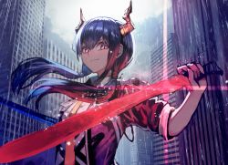 Rule 34 | 1girl, arknights, bad id, bad twitter id, blue hair, ch&#039;en (arknights), chi xiao (arknights), commentary, dragon horns, gomashiwo o, hair between eyes, holding, holding sword, holding weapon, horns, jacket, left-handed, long hair, looking at viewer, open clothes, open jacket, red eyes, shirt, short sleeves, sidelocks, smile, solo, sword, twintails, upper body, weapon, white shirt