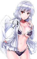 Rule 34 | 1girl, adapted costume, bikini, black bikini, breasts, cleavage, collarbone, cowboy shot, feathered wings, half updo, highres, hood, hood down, hooded jacket, jacket, kishin sagume, large breasts, long sleeves, looking at viewer, navel, one-hour drawing challenge, open clothes, open jacket, parted lips, red eyes, short hair, silver hair, simple background, single wing, solo, stomach, swimsuit, thigh gap, touhou, white background, white jacket, white wings, wings, y2