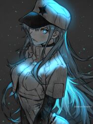 Rule 34 | 1girl, akame ga kill!, artist name, blue eyes, blue hair, closed mouth, esdeath, floating hair, harutoyumaarts, hat, highres, layered sleeves, limited palette, long sleeves, looking at viewer, military uniform, peaked cap, short hair, short over long sleeves, short sleeves, solo, straight hair, uniform