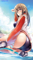 Rule 34 | 1girl, artist name, ass, blue eyes, blush, breasts, brown hair, copyright name, day, game-style, highres, hose, jacket, kekemotsu, long hair, looking at viewer, medium breasts, one-piece swimsuit, open clothes, open jacket, open mouth, original, pool, pool ladder, school swimsuit, shoes, sitting, sky, smile, solo, swimsuit, wallpaper, yokozuwari