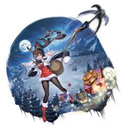 Rule 34 | 1girl, akatsuki (azur lane), akatsuki (santa&#039;s lost helper!) (azur lane), azur lane, black hair, black pantyhose, boots, fur trim, hair ornament, highres, horns, long hair, looking at viewer, mask, moon, official alternate costume, official art, one eye covered, ootsuki momiji, open mouth, outdoors, pantyhose, ponytail, red footwear, santa costume, transparent background
