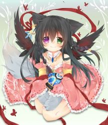 Rule 34 | 1girl, animal ears, animal hands, bad id, bad pixiv id, bare shoulders, black hair, black wings, blush, braid, breasts, brooch, bug, butterfly, cat ears, claws, copyright request, detached collar, detached sleeves, earrings, floral print, frills, full body, gem, gradient background, green eyes, hair between eyes, heterochromia, holding, hoop earrings, insect, jewelry, kazato fuuchi, light smile, long hair, looking at viewer, pendant, pixiv theogonia, purple eyes, ribbon, ribbon trim, seiza, side braid, single earring, sitting, small breasts, smile, solo, tail, twin braids, wings