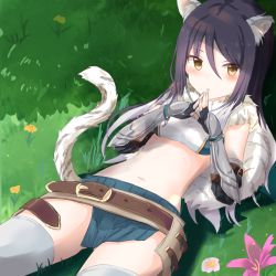 Rule 34 | 1girl, animal ear fluff, animal ears, armor, bandeau, belt, belt buckle, black hair, blush, breasts, buckle, cat ears, cat tail, cowboy shot, day, detached sleeves, dot nose, female focus, fingerless gloves, fingernails, flower, fur collar, fur scarf, gauntlets, gloves, grass, hair between eyes, long hair, looking at viewer, lying, multicolored hair, navel, on back, on grass, open mouth, outdoors, own hands together, pleated skirt, princess connect!, shadow, shiori (princess connect!), sidelocks, skirt, small breasts, solo, spread legs, stomach, tail, thighhighs, tiger ears, tiger tail, white hair, white thighhighs, yellow eyes, yuki (yukin0128)