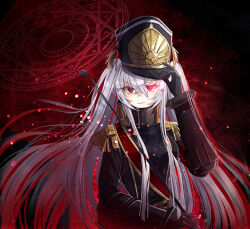 Rule 34 | 1girl, :|, altair (re:creators), baocaizi, blue eyes, breasts, chinese commentary, closed mouth, clothing request, coat, collared shirt, commentary request, eyelashes, gauntlets, glowing, glowing eye, gold trim, hair between eyes, hat, highres, light particles, long hair, looking at viewer, magic circle, medium bangs, medium breasts, military uniform, multicolored hair, re:creators, red eyes, shako cap, shirt, solo, two-tone eyes, two-tone hair, uniform, upper body, v-shaped eyebrows, very long hair, white hair