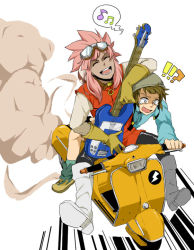 Rule 34 | !?, 2boys, bad id, bad pixiv id, beamed quavers, boots, child, cosplay, crossover, flcl, goggles, guitar, inazuma eleven, inazuma eleven (series), instrument, ksosys, male focus, motor vehicle, motorcycle, multiple boys, musical note, pink hair, quaver, scooter, tachimukai yuuki, tsunami jousuke, vehicle, vespa
