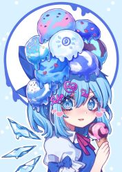 Rule 34 | 1girl, blue background, blue eyes, blue hair, blush, circled 9, cirno, food, hair ornament, heart, highres, holding, holding food, ice, ice cream, ice cream cone, ice wings, kyouda suzuka, looking at viewer, melting, neck ribbon, object on head, outline, ribbon, sleeve bow, solo, sprinkles, tongue, tongue out, touhou, upper body, white outline, wings