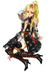 Rule 34 | 1girl, amoretta virgine, blonde hair, boots, cat, dagger, grimgrimoire, high heel boots, high heels, jewelry, kamitani george, knife, long hair, official art, ponytail, red eyes, sitting, smile, solo, vanillaware, weapon