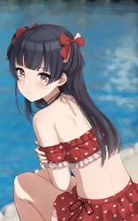 1girl bikini bikini_skirt black_hair black_ribbon blunt_bangs blurry blurry_background bow brown_eyes closed_mouth floral_print frilled_bikini frills from_side hair_bow heart heart_print highres idolmaster idolmaster_shiny_colors long_hair looking_to_the_side mayuzumi_fuyuko print_bikini print_skirt red_bikini red_bow red_skirt ribbon shoulder_blades sitting skirt solo suke_(momijigari) swimsuit two_side_up white_ribbon