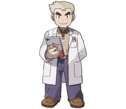 Rule 34 | 1boy, arm behind back, artist request, belt, black eyes, blue pants, brown footwear, brown shirt, coat, creatures (company), full body, game freak, grey hair, hand up, holding, lab coat, long sleeves, looking at viewer, male focus, mizutani megumi, nintendo, official art, outline, pants, pen, pokemon, pokemon lgpe, samuel oak, shirt, shoes, short hair, simple background, smile, solo, standing, straight-on, tablet pc, thick eyebrows, transparent background, white coat, white outline