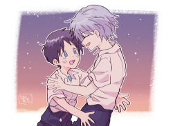 Rule 34 | 2boys, :d, ^ ^, ahoge, artist name, belt, black hair, blue eyes, blush, brown belt, closed eyes, collared shirt, commentary, gradient background, grey hair, hashimo99187365, height difference, highres, ikari shinji, imminent hug, looking at another, male focus, multiple boys, nagisa kaworu, neon genesis evangelion, open mouth, pants, shirt, short hair, short sleeves, smile, star (sky), tearing up, white shirt, yaoi