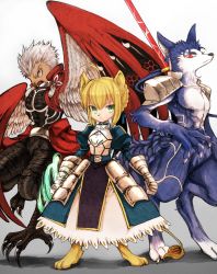 Rule 34 | 1girl, 2boys, :&lt;, ahoge, animal ears, archer (fate), armor, armored dress, artoria pendragon (all), artoria pendragon (fate), bad id, bad pixiv id, barefoot, beak, bird, black pants, blonde hair, blue dress, blue hair, braid, claws, closed mouth, cu chulainn (fate), cu chulainn (fate/stay night), dog, dress, fate/stay night, fate (series), faulds, furrification, furry, furry female, furry male, gae bolg (fate), gauntlets, green eyes, hair bun, holding, holding weapon, jacket, juliet sleeves, lance, lion, long hair, long sleeves, looking at viewer, multiple boys, pants, pauldrons, polearm, ponytail, puffy sleeves, red eyes, red jacket, saber (fate), short hair, shoulder armor, single hair bun, snout, standing, tail, takashi (onikukku), weapon, white hair, wings, yellow eyes