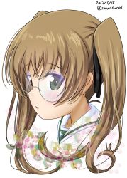 Rule 34 | 10s, 1girl, black ribbon, blouse, brown eyes, brown hair, closed mouth, commentary request, cropped neck, dated, floral background, girls und panzer, glasses, hair ribbon, highres, long hair, looking at viewer, one-hour drawing challenge, ooarai school uniform, oono aya, portrait, ribbon, round eyewear, school uniform, serafuku, shiina excel, shirt, solo, transparent, twintails, twitter username, white background, white shirt