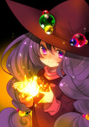 Rule 34 | 1girl, braid, female focus, fire, gem, gradient background, hat, long hair, magic, minaminamina, monster maker, purple eyes, purple hair, rufia (monster maker), smile, solo, twin braids, witch, witch hat