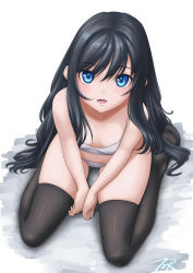 Rule 34 | 1girl, artist name, asashio (kancolle), black hair, black thighhighs, blue eyes, breasts, camisole, commentary request, downblouse, from above, highres, kantai collection, lips, long hair, looking at viewer, panties, simple background, sitting, small breasts, solo, t2r, thighhighs, underwear, underwear only, wariza, white background, white camisole, white panties