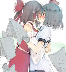 Rule 34 | 2girls, absurdres, bare shoulders, black hair, black neckwear, blue hair, blush, bow, breast press, breasts, collared shirt, colored eyelashes, commentary request, cowboy shot, detached sleeves, flat chest, from side, hair bow, hair tubes, hakurei reimu, hat, highres, holding, hug, kedamono kangoku-tou, kiss, long hair, long sleeves, multiple girls, newspaper, nose blush, ponytail, profile, puffy short sleeves, puffy sleeves, red bow, red eyes, red hat, red skirt, ribbon-trimmed sleeves, ribbon trim, shameimaru aya, shirt, short hair, short sleeves, sidelocks, skirt, small breasts, surprised, symmetrical docking, tokin hat, touhou, white background, wide-eyed, yellow neckwear, yuri