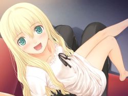 Rule 34 | 1girl, blonde hair, france shoujo, game cg, green eyes, long hair, shoujo (france shoujo), sitting, sitting on lap, sitting on person, smile, solo, solo focus, tony taka