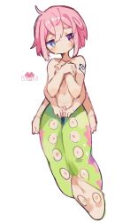 Rule 34 | 1boy, arm tattoo, blue eyes, blush, caterpillar, covering breasts, covering privates, extra arms, full body, hair between eyes, heterochromia, highres, male focus, monster boy, original, pink hair, raito-kun (uenomigi), short hair, simple background, sweat, tattoo, uenomigi, white background