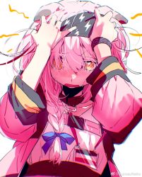 Rule 34 | 1girl, animal ears, arknights, artist name, black hairband, blue bow, blush, bow, bracelet, braid, cat ears, collar, cross neko, crying, crying with eyes open, electricity, goldenglow (arknights), hair bow, hairband, highres, infection monitor (arknights), jacket, jewelry, lightning bolt print, long sleeves, looking at viewer, nose blush, open clothes, open jacket, open mouth, pink jacket, shirt, simple background, single braid, solo, tears, upper body, weibo watermark, white background, white shirt, yellow eyes