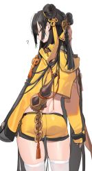 Rule 34 | 1girl, ?, absurdres, ass, back, bandaid, bandaid on face, black hair, black survival, blush, braid, braided ponytail, cowboy shot, crop top, crop top overhang, cropped jacket, double bun, flower knot, freng, from behind, gourd, hair bun, hair ribbon, highres, hood, hooded jacket, jacket, li dailin, long hair, long sleeves, looking at viewer, looking back, midriff, ribbon, short shorts, shorts, simple background, solo, standing, tassel, thighhighs, thighs, very long hair, white background, white thighhighs, yellow eyes, yellow jacket, yellow ribbon, yellow shorts