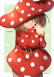 Rule 34 | 1girl, absurdres, bad id, bad pixiv id, belt, blush, boku no hero academia, breasts, brown belt, brown eyes, brown hair, commentary request, cowboy shot, dress, fur trim, hair over one eye, hat, highres, koishi (kiwi0314), komori kinoko, large breasts, long sleeves, looking at viewer, mushroom hat, polka dot, polka dot dress, polka dot headwear, red dress, red hat, solo, symbol-shaped pupils, tongue, tongue out, twitter username, white background, x-shaped pupils