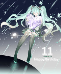 Rule 34 | 1girl, :d, ahoge, bad id, bad pixiv id, black footwear, black skirt, black thighhighs, boots, character name, closed eyes, commentary, crystal, detached sleeves, english commentary, green hair, grey shirt, hair between eyes, happy birthday, hatsune miku, headphones, heart, highres, holding, long hair, long sleeves, open mouth, pleated skirt, reflection, rero (bigdoorbig2), shirt, skirt, sleeves past wrists, smile, solo, thigh boots, thighhighs, twintails, very long hair, vocaloid, wide sleeves
