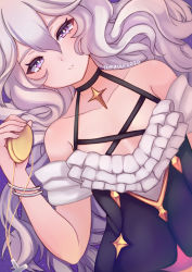 Rule 34 | 1girl, bare shoulders, black choker, choker, cross, dated, diamond-shaped pupils, diamond (shape), dress, fingernails, grey hair, hair between eyes, hand up, highres, holding, looking at viewer, original, parted lips, purple eyes, short sleeves, signature, solo, symbol-shaped pupils, temachii