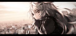 Rule 34 | 1girl, animal ears, arknights, black jacket, blurry, blurry background, city, day, eyelashes, facepaint, hair ornament, hairclip, highres, jacket, lappland (arknights), letterboxed, long hair, looking at viewer, outdoors, parted lips, profile, rkzrok, grey eyes, silver hair, solo, upper body, wind, wolf ears