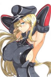 Rule 34 | 1girl, absurdres, ajikeneko, anchor, armor, armpits, arms behind head, bare shoulders, bismarck (kancolle), blonde hair, blue eyes, breastplate, breasts, closed mouth, covered erect nipples, detached sleeves, hair between eyes, hair over one eye, hat, highres, kantai collection, large breasts, long hair, looking at viewer, military hat, peaked cap, profile, sideboob, simple background, skin tight, smile, smirk, solo, traditional media, uniform, upper body, white background