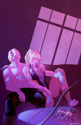 Rule 34 | 1boy, 1girl, abs, arm around shoulder, artist name, bandages, biceps, black canary, blonde hair, bow (weapon), bruise, couch, couple, cuts, dc comics, closed eyes, facial hair, gloves, unworn gloves, goatee, green arrow, green arrow (series), highres, injury, jamal campbell, leotard, muscular, mustache, pantyhose, ponytail, topless male, sitting, smile, table, toeless legwear, toes, toned, torn clothes, torn legwear, unzipped, weapon, wrist wrap, zipper