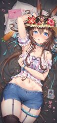 Rule 34 | 1girl, absurdres, amiya (arknights), animal ears, arknights, arm up, armpits, bare shoulders, black thighhighs, blue eyes, blue shorts, bracelet, breasts, brown hair, camisole, carrot, catxuan, chinese commentary, cleavage, collarbone, commentary request, detached sleeves, drooling, flower, garter straps, gluteal fold, hair between eyes, has bad revision, has downscaled revision, hat, hat flower, heart, heart-shaped pupils, highres, jewelry, letter, looking at viewer, md5 mismatch, medium breasts, midriff, navel, neck ring, parted lips, petals, puffy short sleeves, puffy sleeves, rabbit ears, red flower, resolution mismatch, saliva, short shorts, short sleeves, shorts, solo, source smaller, spaghetti strap, stomach, striped clothes, sun hat, sunglasses, symbol-shaped pupils, thigh gap, thighhighs, thighlet, thighs, vertical-striped clothes