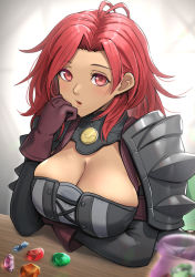 Rule 34 | 1girl, armor, blush, breasts, cleavage, dark-skinned female, dark skin, fire emblem, fire emblem: three houses, fire emblem warriors, fire emblem warriors: three hopes, gem, gloves, gonzarez, hair intakes, hapi (fire emblem), highres, large breasts, long hair, looking at viewer, nintendo, official alternate hairstyle, open mouth, parted lips, red eyes, red hair, shiny skin, solo