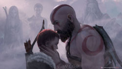 Rule 34 | 2girls, 3boys, artist name, athena, atreus, bald, beard, bodypaint, bow (weapon), breasts, closed eyes, closed mouth, facial hair, father and son, god of war, hand on another&#039;s neck, kratos (god of war), multicolored clothes, multiple boys, multiple girls, muscular, mustache, quiver, short hair, spoilers, weapon, wlop, zeus (mythology)