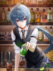 Rule 34 | 1girl, :d, absurdres, ahoge, alcohol, bartender, black hair, black necktie, black pants, black vest, bottle, collared shirt, cup, drinking glass, female focus, fire, flower, food, formal, fruit, grin, hair between eyes, highres, holding, holding cup, honkai (series), honkai impact 3rd, knife, lime (fruit), lime slice, lloule, long hair, looking at viewer, mole, mole under mouth, necktie, open mouth, pants, ponytail, purple eyes, raven (honkai impact), shirt, sleeves rolled up, smile, solo, table, teeth, vest, white shirt, wine, wine bottle, wine glass, yellow flower