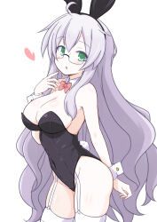Rule 34 | 1girl, animal ears, black leotard, bow, bowtie, breasts, cleavage, cowboy shot, detached collar, floahi, garter straps, glasses, green eyes, grey hair, highres, large breasts, leotard, long hair, looking at viewer, original, playboy bunny, rabbit ears, rabbit tail, red bow, red bowtie, simple background, solo, standing, strapless, strapless leotard, tail, thighhighs, white background, white thighhighs, wrist cuffs