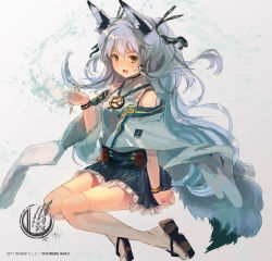Rule 34 | 1girl, :d, animal ears, bare shoulders, blue skirt, commentary request, fox ears, fox tail, grey hair, grey thighhighs, hand up, highres, inabi, invisible chair, jewelry, long hair, long sleeves, looking at viewer, necklace, open mouth, orange eyes, original, platform footwear, sandals, sitting, skirt, smile, solo, tail, thighhighs, very long hair, wristband