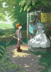 Rule 34 | 1boy, 1girl, absurdres, arms at sides, backpack, bad id, bad pixiv id, bag, black choker, blue eyes, blue hair, blush, brown bag, brown footwear, brown hair, choker, commentary request, dappled sunlight, dress, eye contact, fantasy, fish, fish tank, floating hair, grass, highres, hill, holding, holding stick, leaf, looking at another, original, outdoors, pants, pointy ears, profile, red pants, shadow, sidelocks, sleeveless, sleeveless dress, sleeves rolled up, standing, stick, strapless, strapless dress, sunlight, trail, tree, turquoise iro, water, white dress