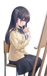 Rule 34 | 1girl, black bow, black hair, black pantyhose, black skirt, blazer, blue bow, bow, chair, commentary, easel, finger frame, flustered, hair bow, highres, jacket, long hair, looking at hands, na-ga, one side up, open mouth, original, own hands together, pantyhose, pink eyes, school chair, school uniform, simple background, skirt, solo, striped, striped bow, white background, winter uniform, yellow jacket
